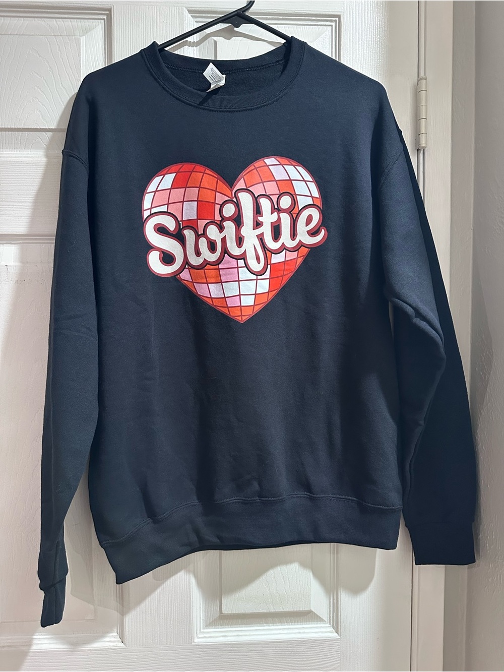Jerzees Black Sweatshirt with Red and Pink Heart 'Swiftie' Graphic